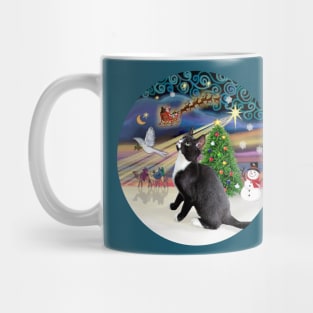 "Christmas Magic" with a Black and White Tuxedo Cat Mug